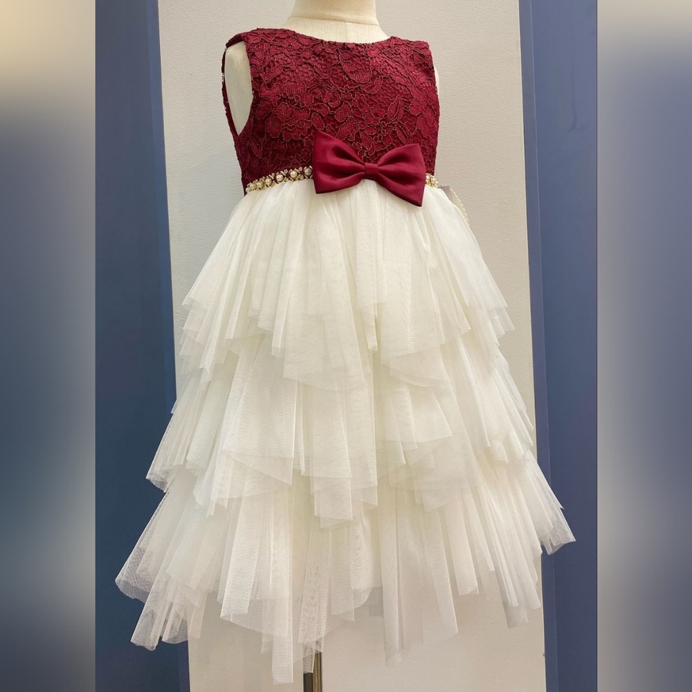 American Princess Girls 5T White Lace Red Tie Back Dress